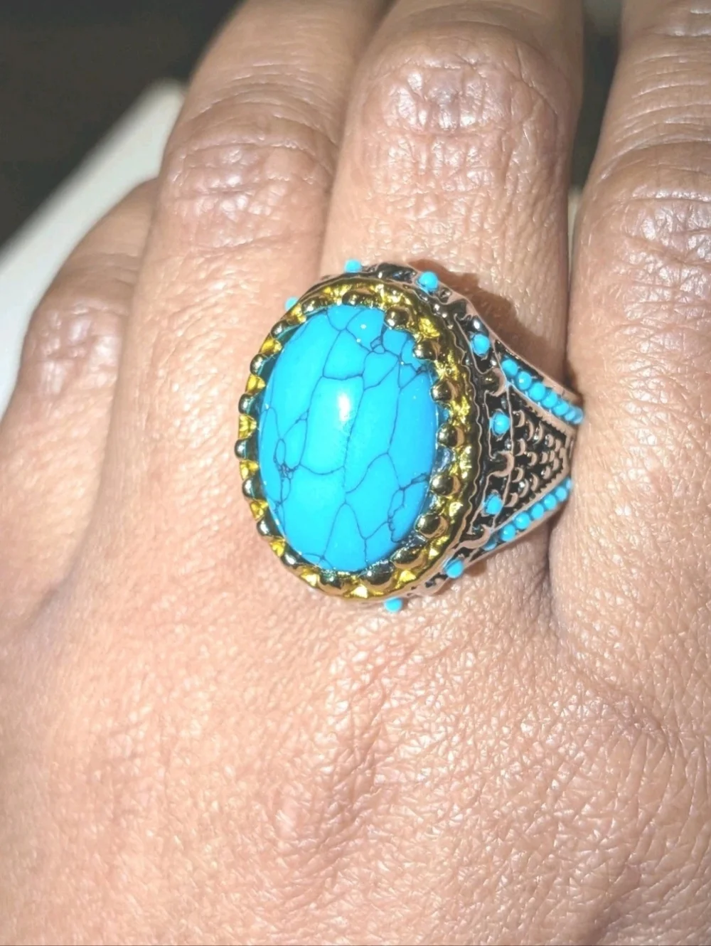 Retro Punk Style Ring Simulated Turquoise Two Tone Polished Statement Band Ring